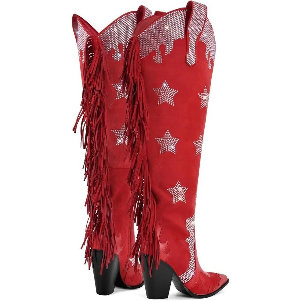 Women Faux Suede Red Rhinestone Embellished  Pointed Toe Knee High Western Boots